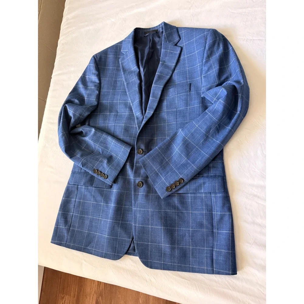 Lauren Ralph Lauren Mens Blue Windowpane Plaid Two Button Blazer Jacket 42L